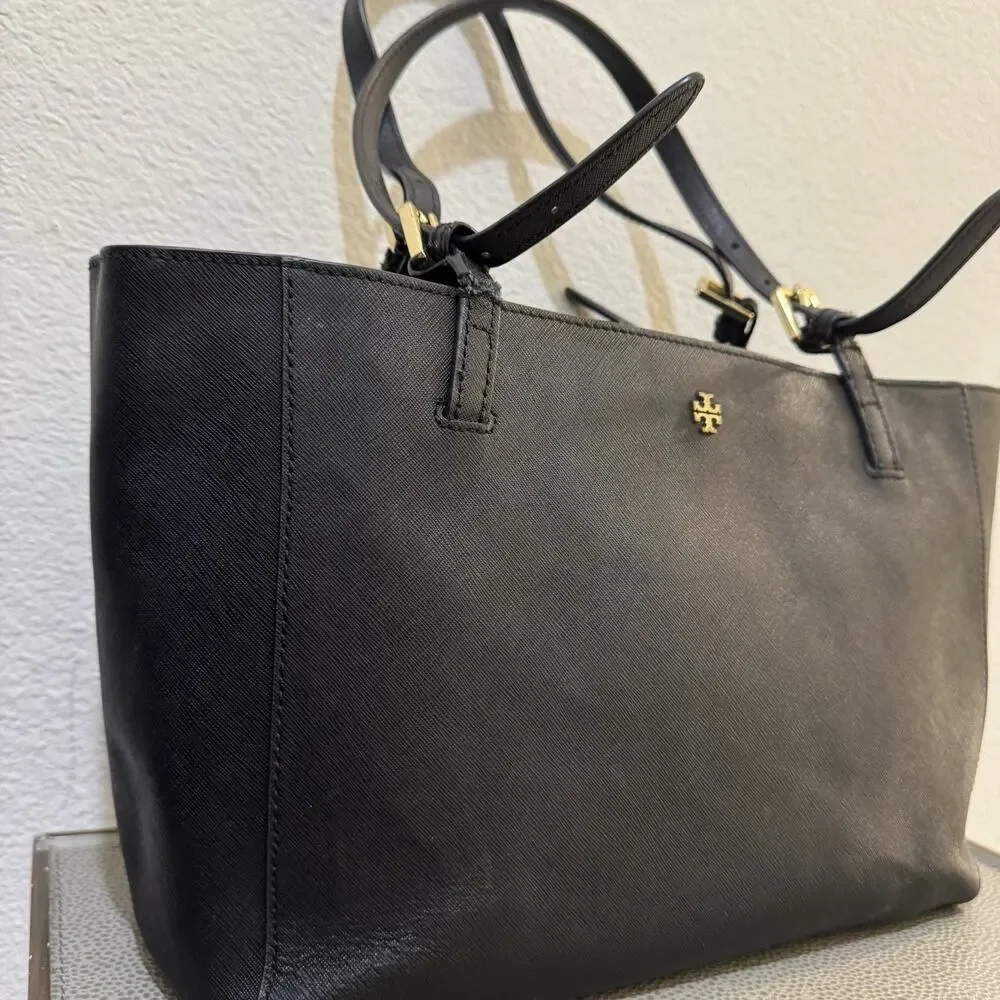 Tory Burch Small York Buckle Leather Tote Black Gold Hardware